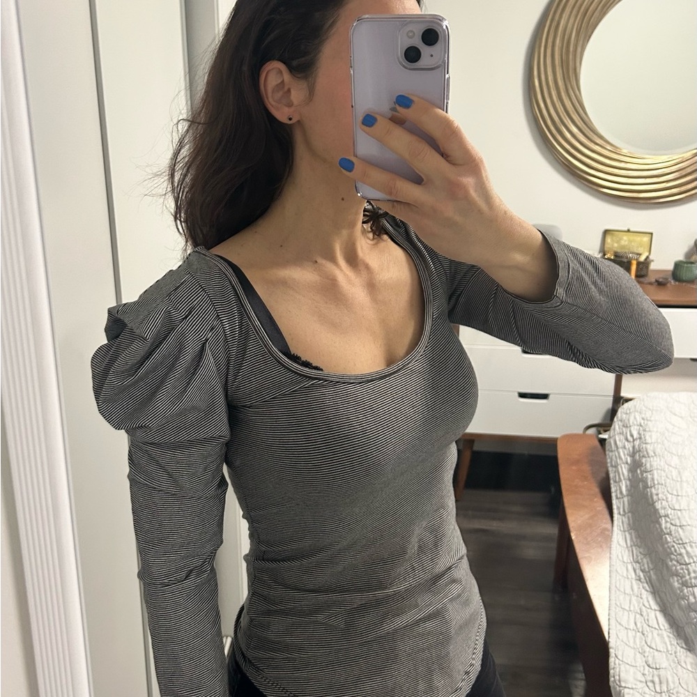 Free People fine striped cotton scoop neck shirt with puffed shoulders